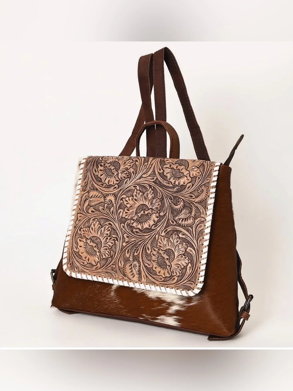 Western Backpack Handcrafted Brown Floral Tooled Leather Backpack